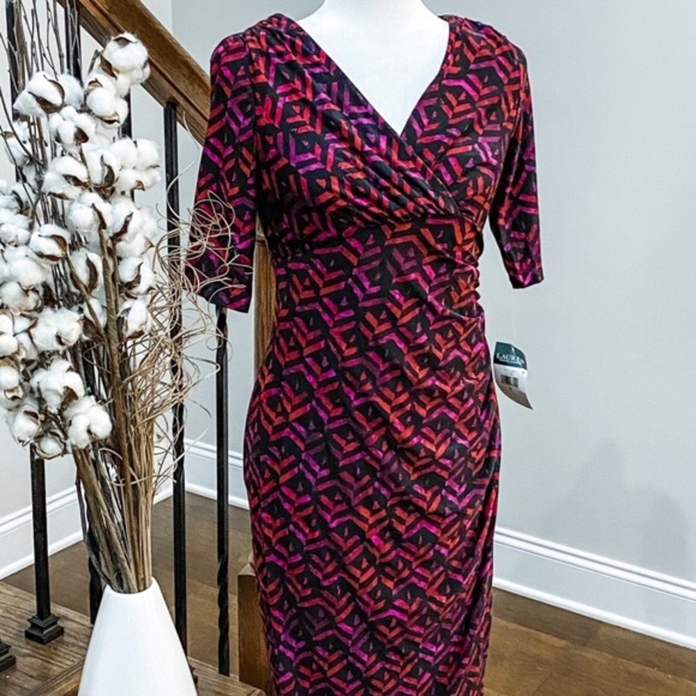 Lauren Ralph Lauren Elbow Sleeve Matte Jersey Ruched Sheath Dress Black/Berry